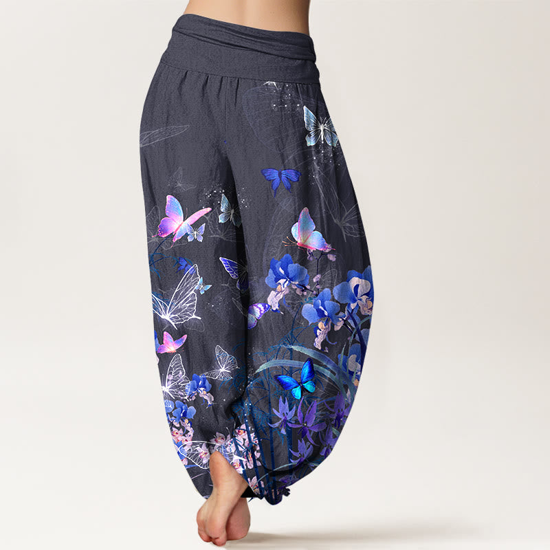 Nimara Ritual Pure Cotton Dreamlike Butterfly Flower Grass Bamboo Pattern Women's Elastic Waist Harem Pants