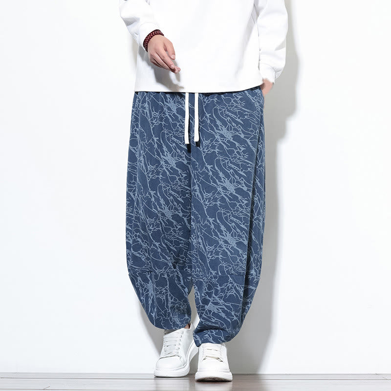 Nimara Ritual Fall Textured Lines Print Cotton Elastic Waist Ankle-Length Men's Harem Pants With Pockets