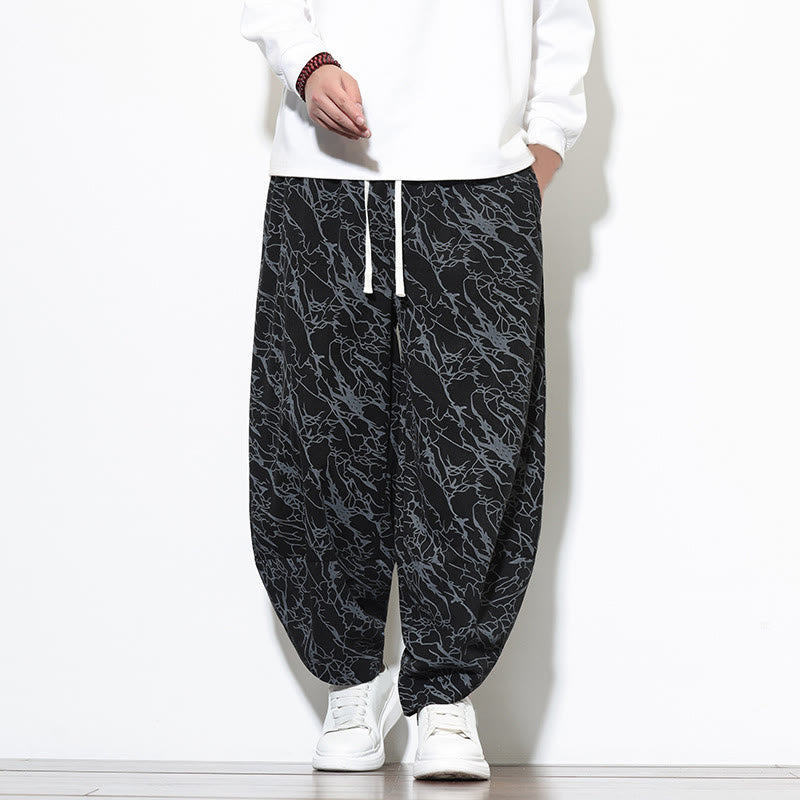 Nimara Ritual Fall Textured Lines Print Cotton Elastic Waist Ankle-Length Men's Harem Pants With Pockets