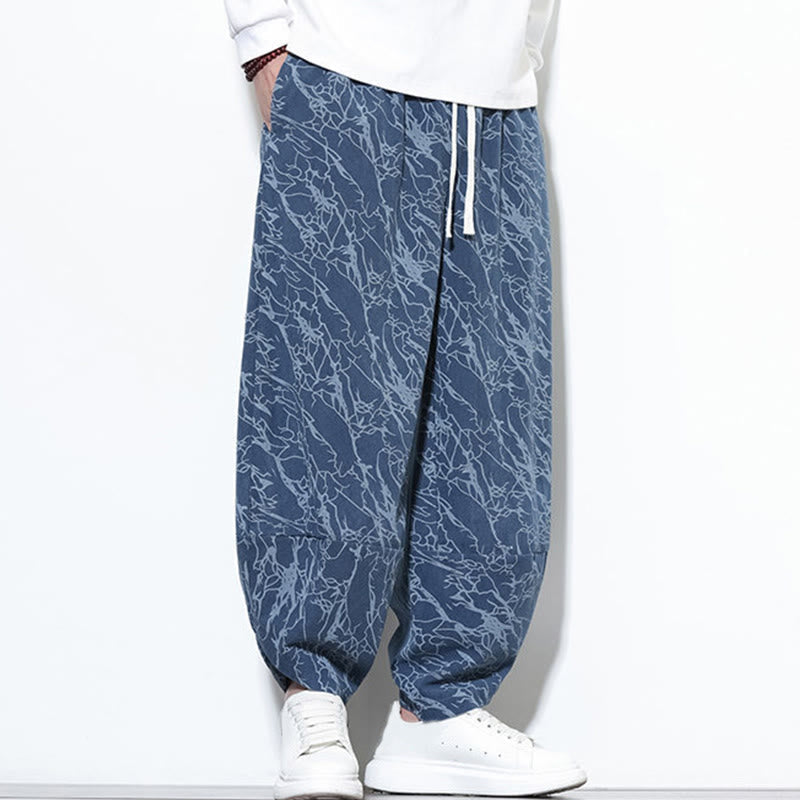 Nimara Ritual Fall Textured Lines Print Cotton Elastic Waist Ankle-Length Men's Harem Pants With Pockets