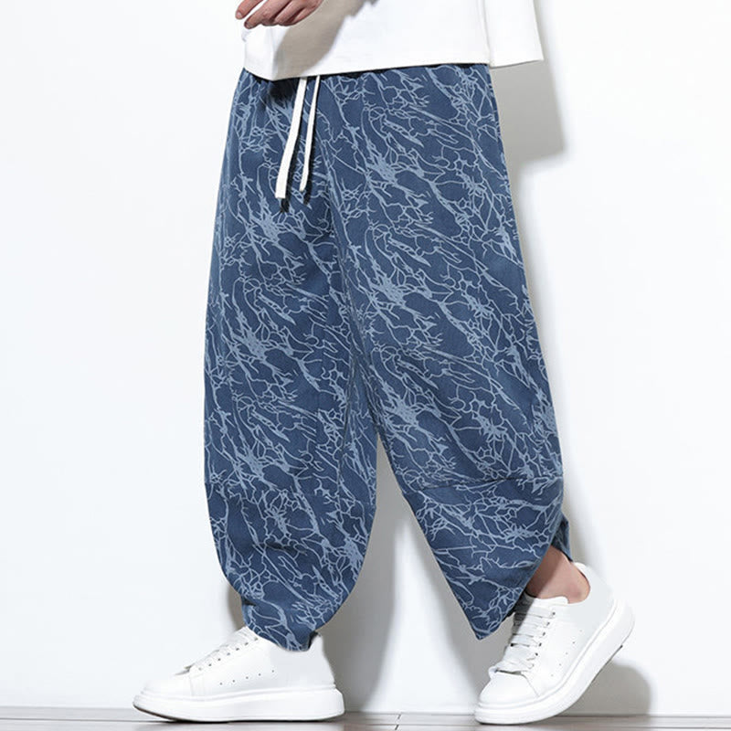 Nimara Ritual Fall Textured Lines Print Cotton Elastic Waist Ankle-Length Men's Harem Pants With Pockets