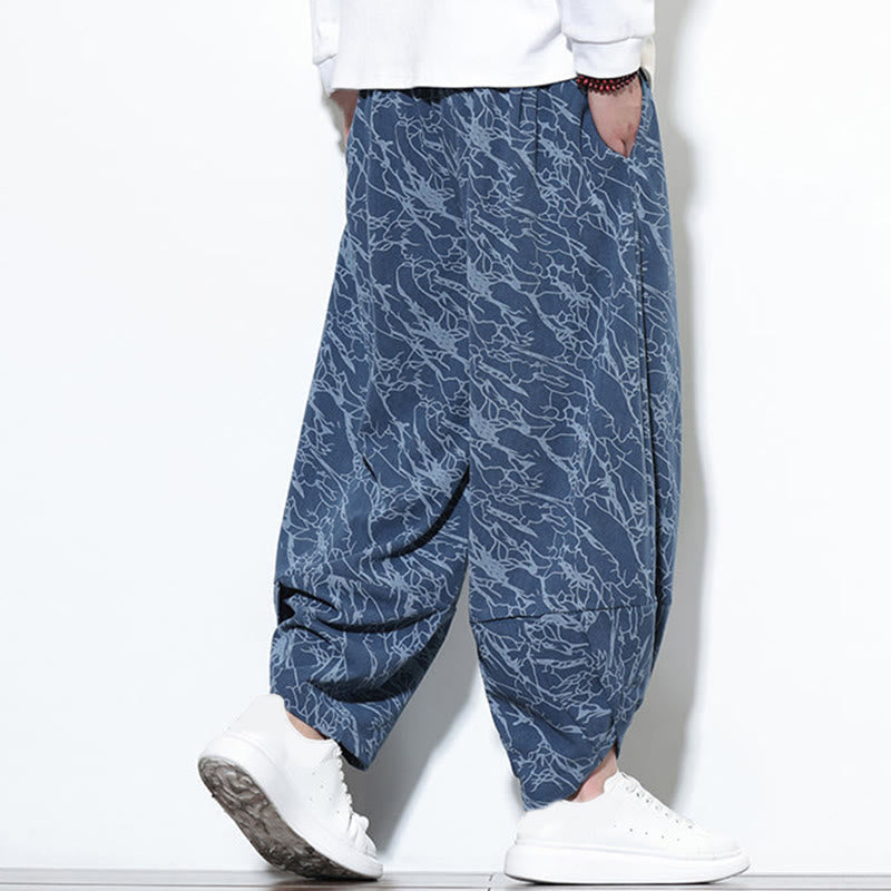 Nimara Ritual Fall Textured Lines Print Cotton Elastic Waist Ankle-Length Men's Harem Pants With Pockets