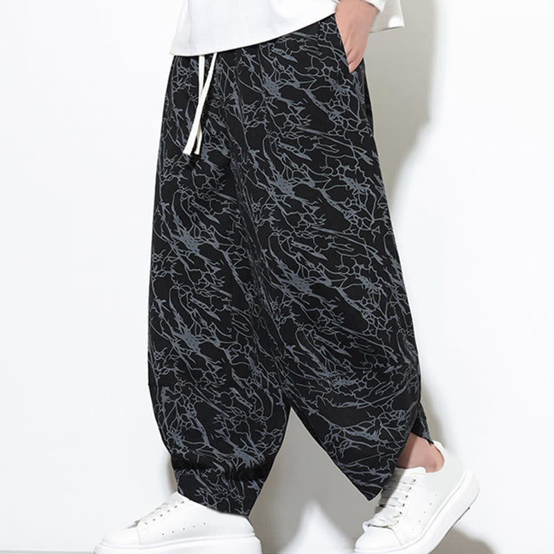 Nimara Ritual Fall Textured Lines Print Cotton Elastic Waist Ankle-Length Men's Harem Pants With Pockets