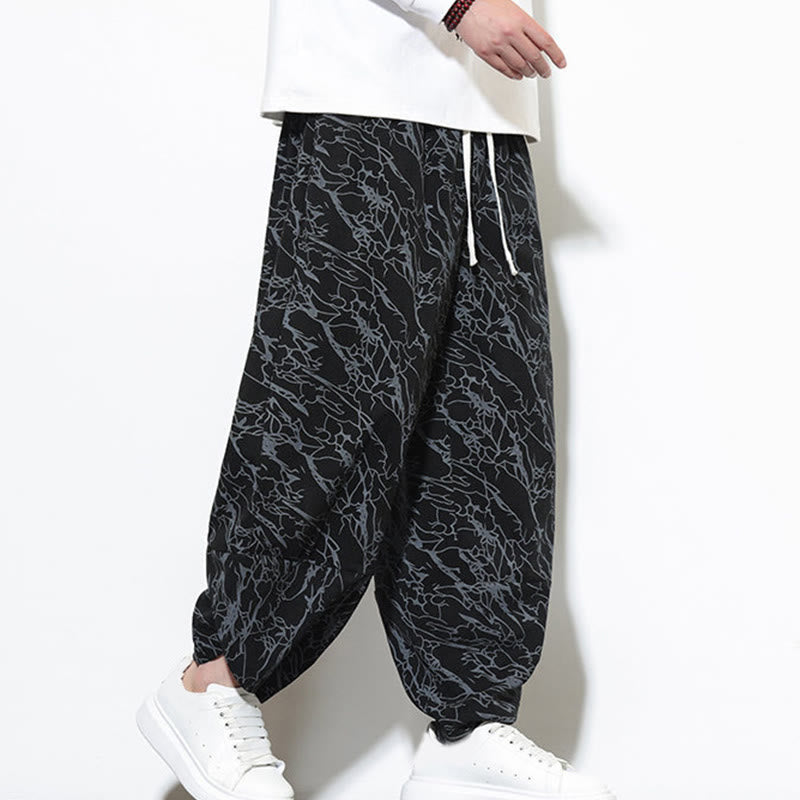 Nimara Ritual Fall Textured Lines Print Cotton Elastic Waist Ankle-Length Men's Harem Pants With Pockets