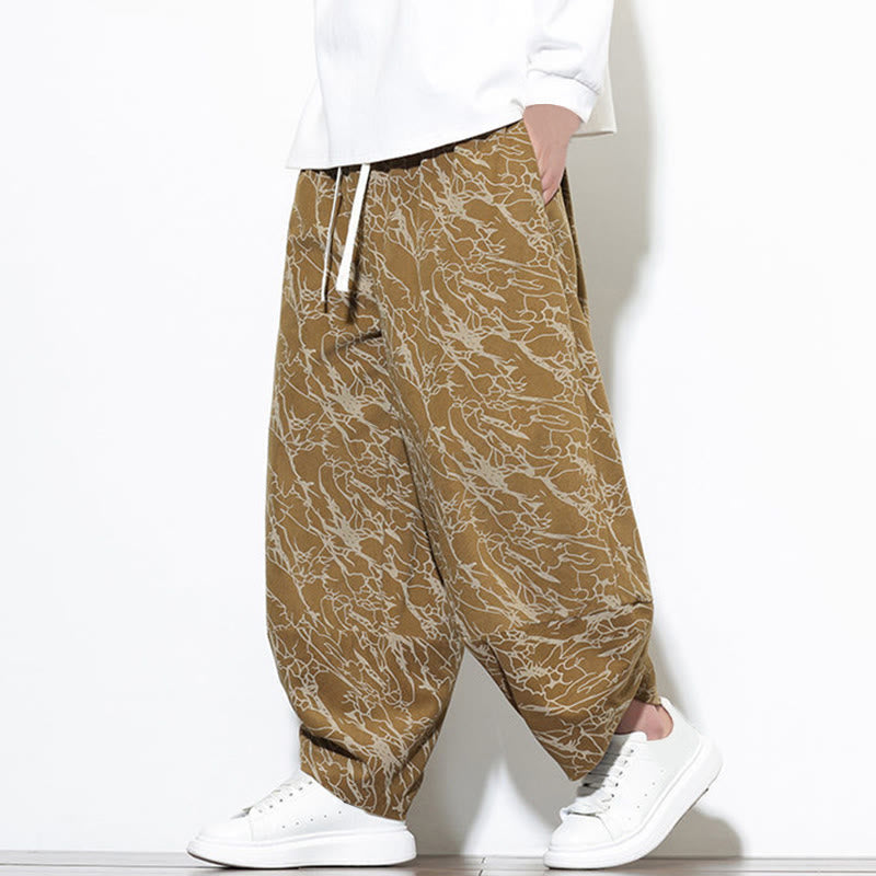 Nimara Ritual Fall Textured Lines Print Cotton Elastic Waist Ankle-Length Men's Harem Pants With Pockets