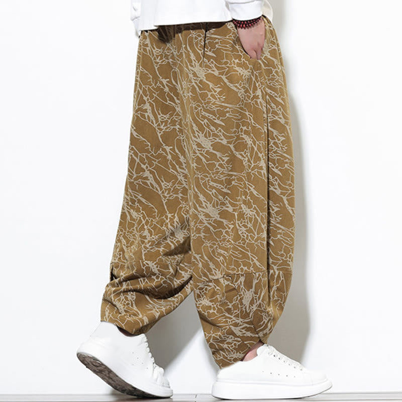 Nimara Ritual Fall Textured Lines Print Cotton Elastic Waist Ankle-Length Men's Harem Pants With Pockets
