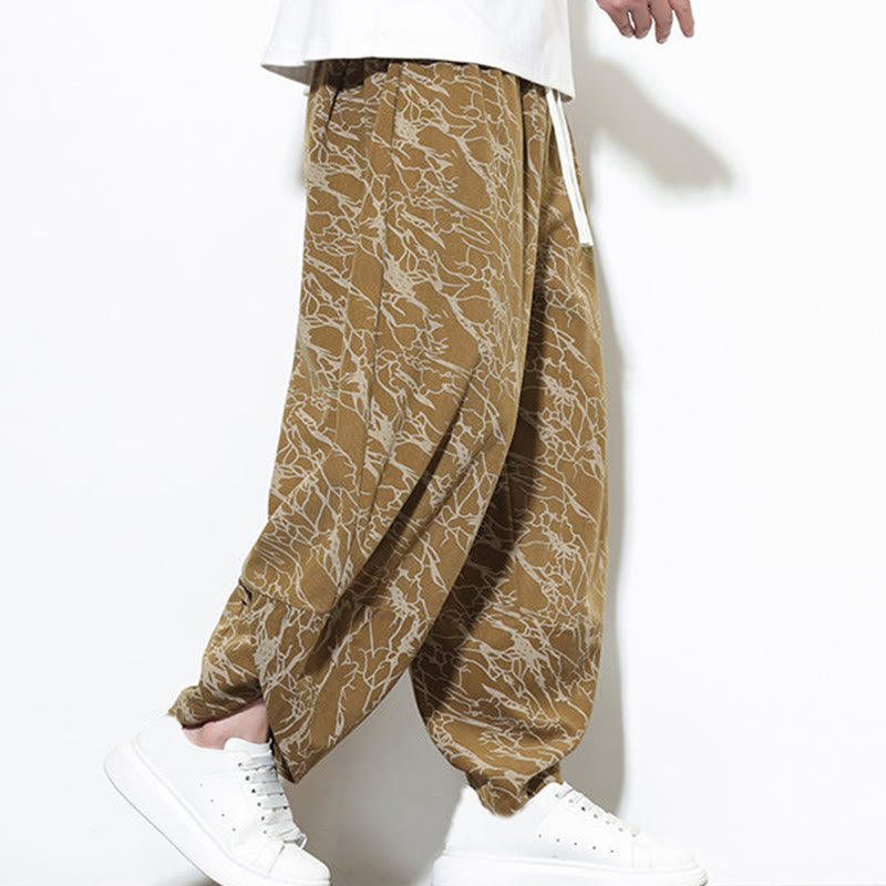 Nimara Ritual Fall Textured Lines Print Cotton Elastic Waist Ankle-Length Men's Harem Pants With Pockets