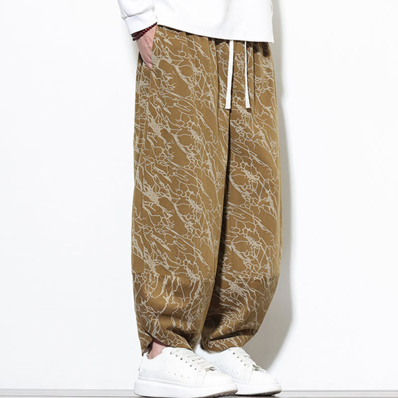 Nimara Ritual Fall Textured Lines Print Cotton Elastic Waist Ankle-Length Men's Harem Pants With Pockets