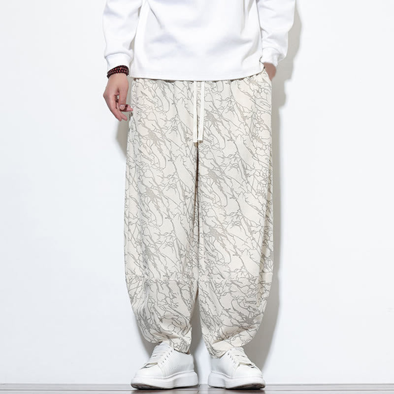 Nimara Ritual Fall Textured Lines Print Cotton Elastic Waist Ankle-Length Men's Harem Pants With Pockets