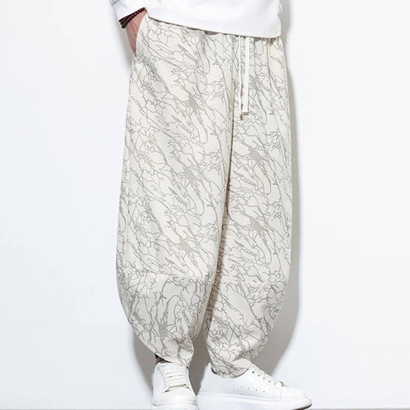 Nimara Ritual Fall Textured Lines Print Cotton Elastic Waist Ankle-Length Men's Harem Pants With Pockets