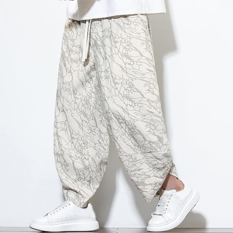 Nimara Ritual Fall Textured Lines Print Cotton Elastic Waist Ankle-Length Men's Harem Pants With Pockets