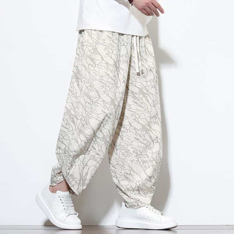 Nimara Ritual Fall Textured Lines Print Cotton Elastic Waist Ankle-Length Men's Harem Pants With Pockets