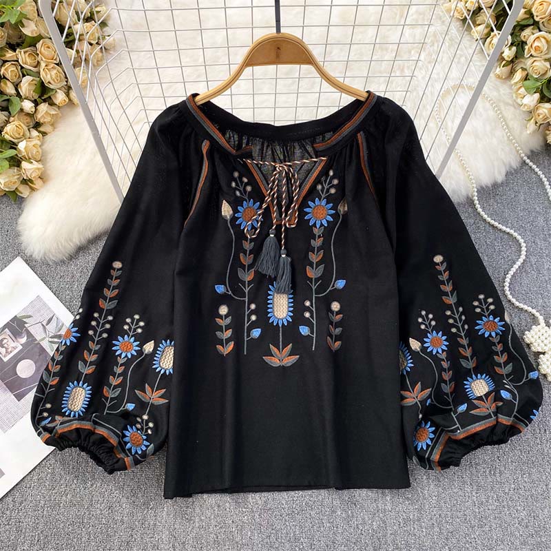 Nimara Ritual Casual Embroidery Flower Leaf Pattern Women's Cotton Linen Round Neck T-shirt