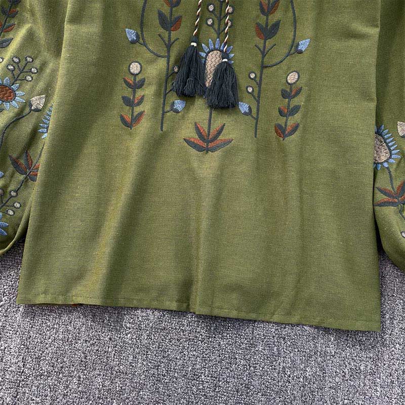 Nimara Ritual Casual Embroidery Flower Leaf Pattern Women's Cotton Linen Round Neck T-shirt