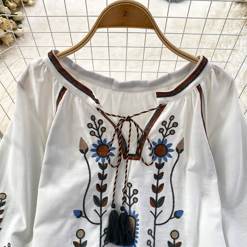 Nimara Ritual Casual Embroidery Flower Leaf Pattern Women's Cotton Linen Round Neck T-shirt
