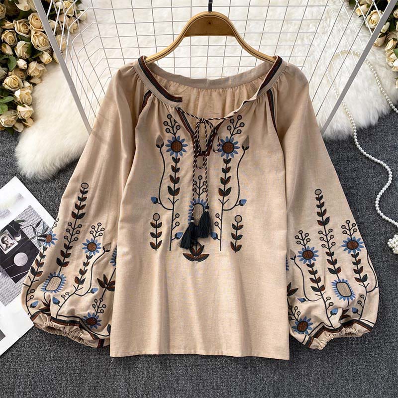 Nimara Ritual Casual Embroidery Flower Leaf Pattern Women's Cotton Linen Round Neck T-shirt