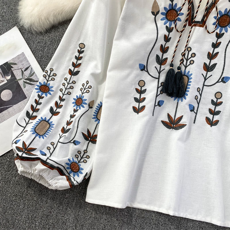 Nimara Ritual Casual Embroidery Flower Leaf Pattern Women's Cotton Linen Round Neck T-shirt