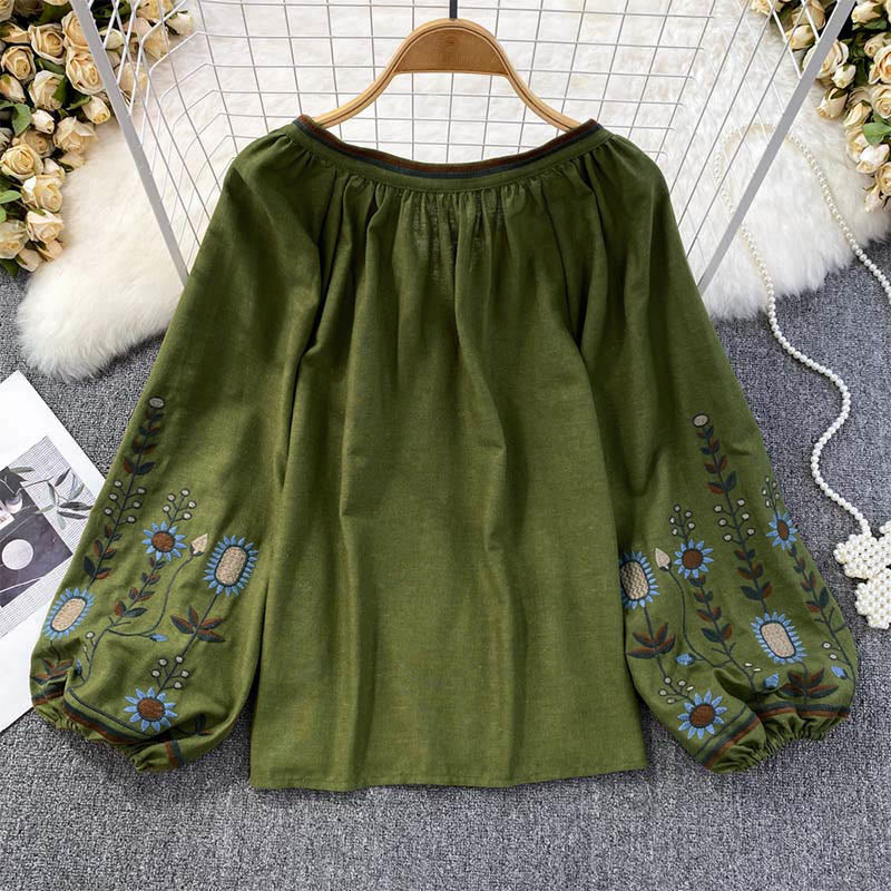 Nimara Ritual Casual Embroidery Flower Leaf Pattern Women's Cotton Linen Round Neck T-shirt