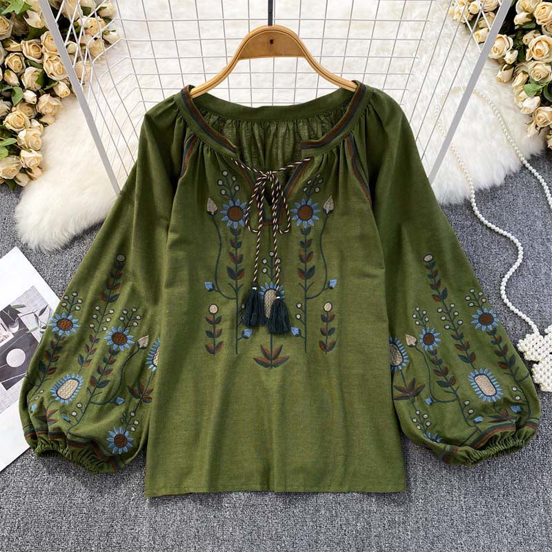Nimara Ritual Casual Embroidery Flower Leaf Pattern Women's Cotton Linen Round Neck T-shirt