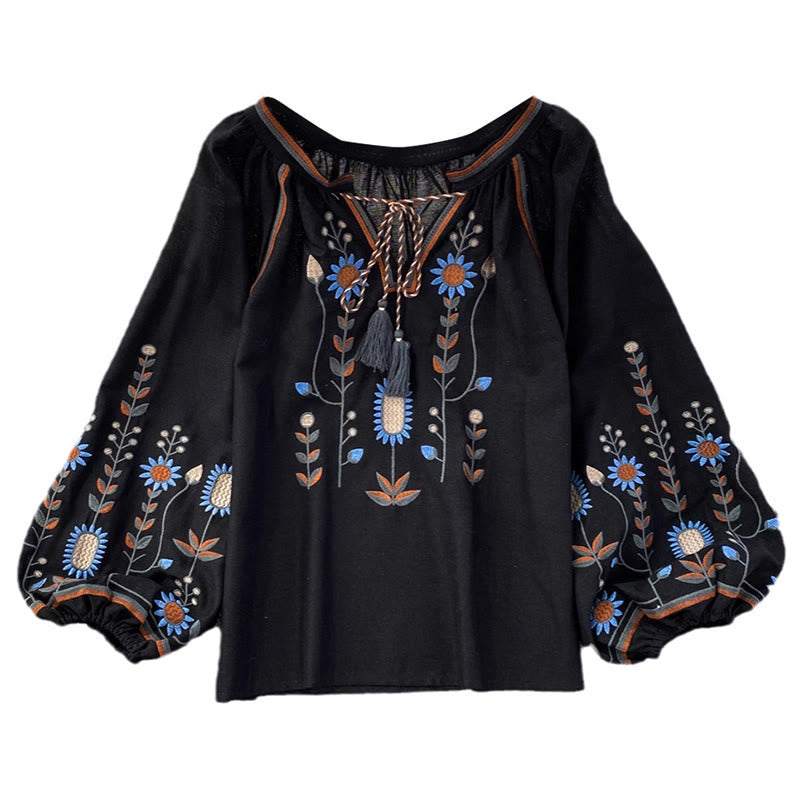 Nimara Ritual Casual Embroidery Flower Leaf Pattern Women's Cotton Linen Round Neck T-shirt