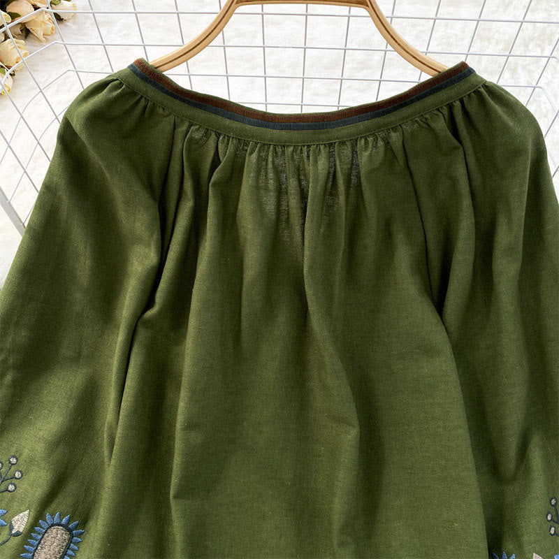 Nimara Ritual Casual Embroidery Flower Leaf Pattern Women's Cotton Linen Round Neck T-shirt