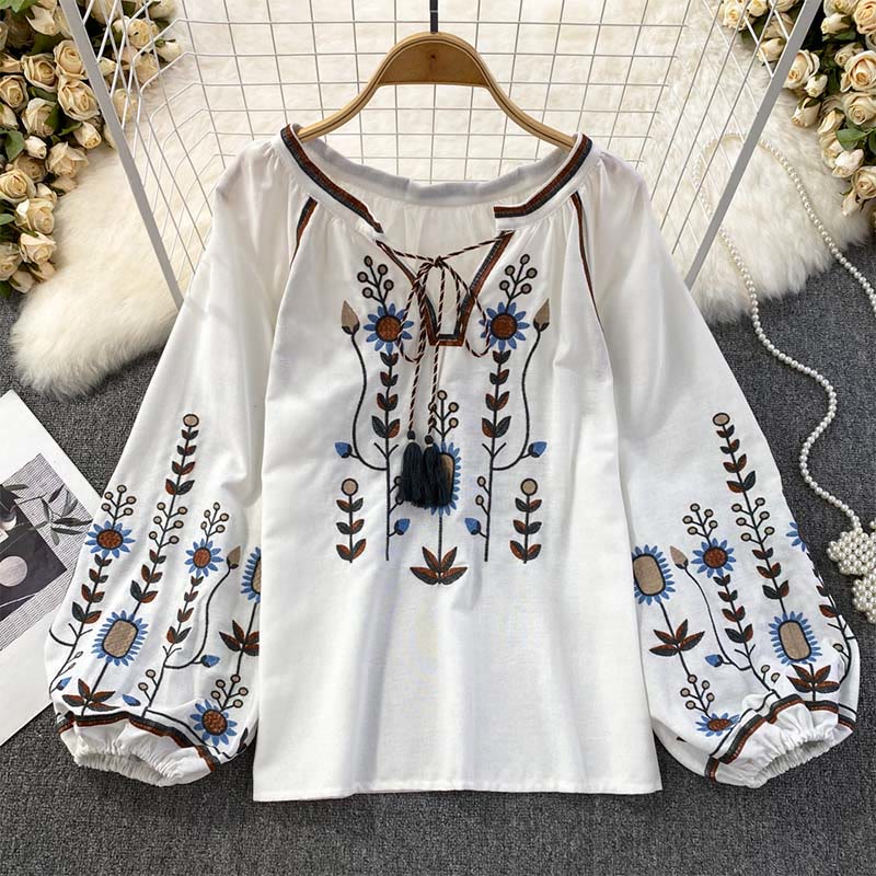 Nimara Ritual Casual Embroidery Flower Leaf Pattern Women's Cotton Linen Round Neck T-shirt