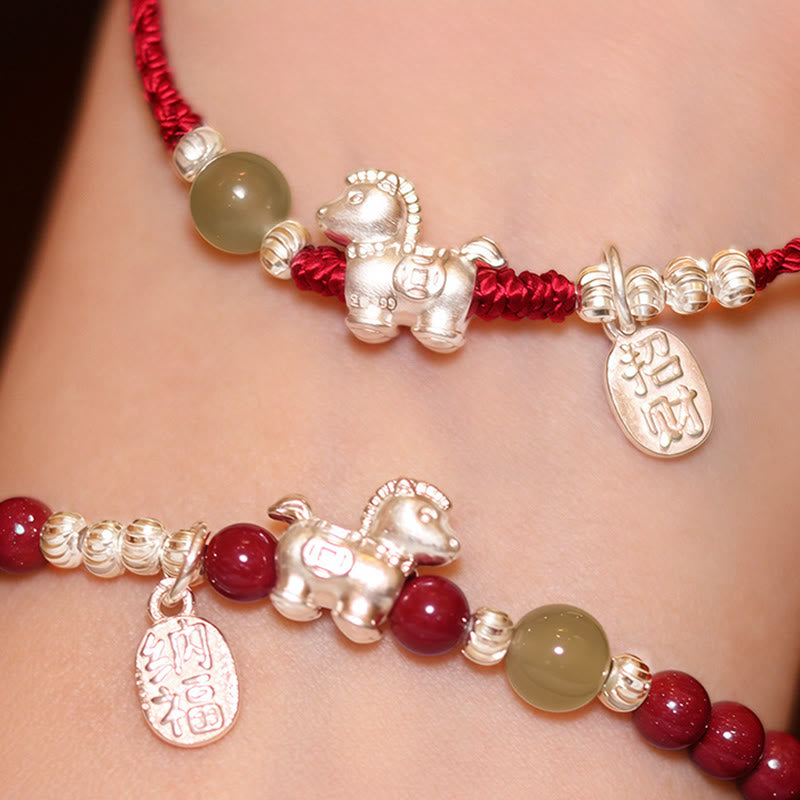 Nimara Ritual Year Of The Horse Cinnabar Hetian Jade 999 Sterling Silver Red String Concentration Bracelet