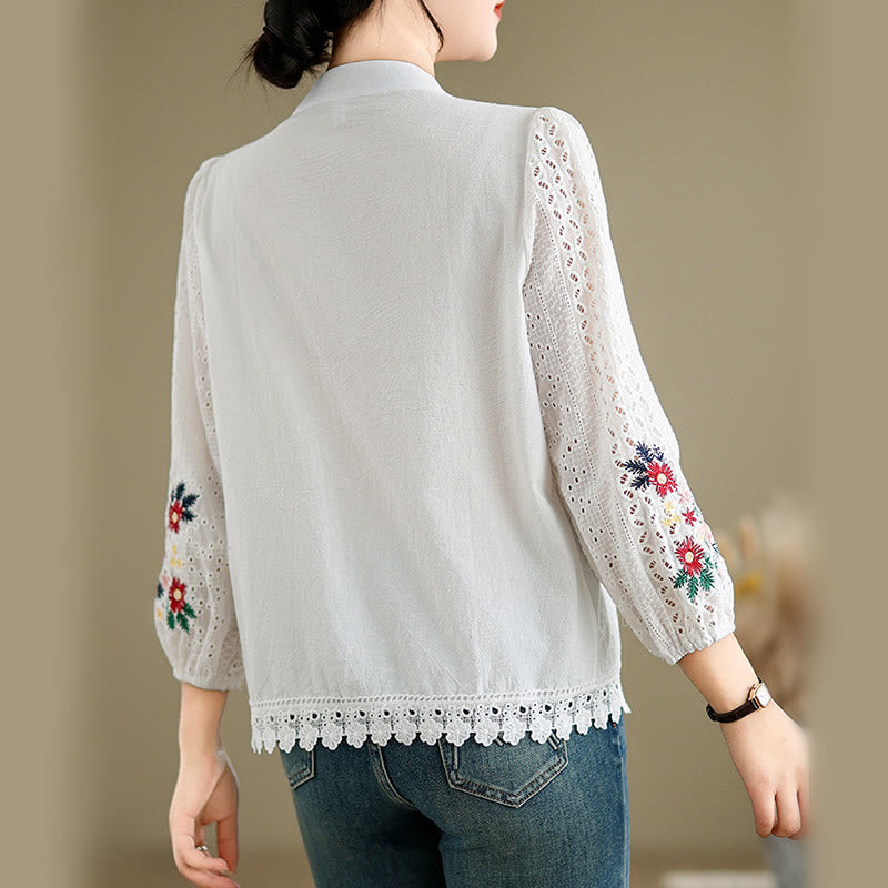 Nimara Ritual Fall Lace Embroidery Flower Leaf Pattern Stand Collar Buttons Women's Long Sleeve Shirt