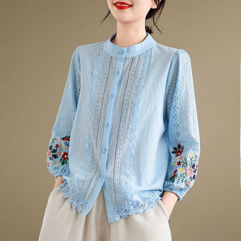 Nimara Ritual Fall Lace Embroidery Flower Leaf Pattern Stand Collar Buttons Women's Long Sleeve Shirt