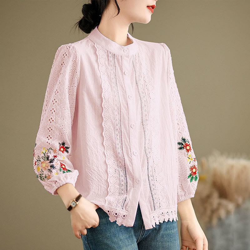Nimara Ritual Fall Lace Embroidery Flower Leaf Pattern Stand Collar Buttons Women's Long Sleeve Shirt