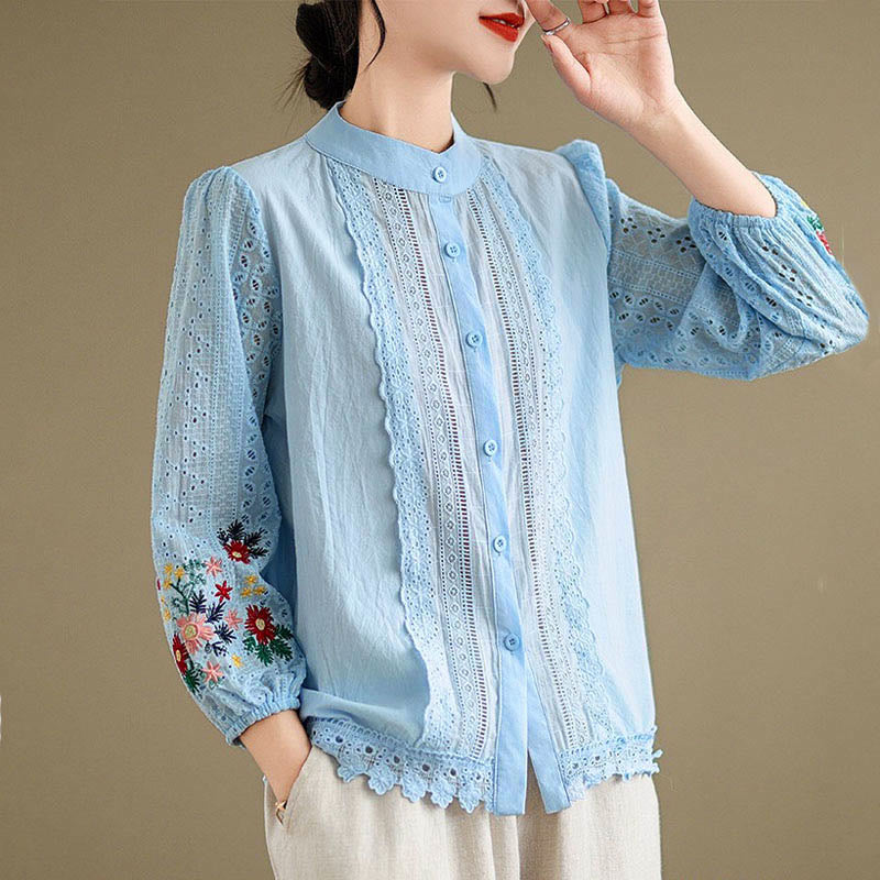 Nimara Ritual Fall Lace Embroidery Flower Leaf Pattern Stand Collar Buttons Women's Long Sleeve Shirt