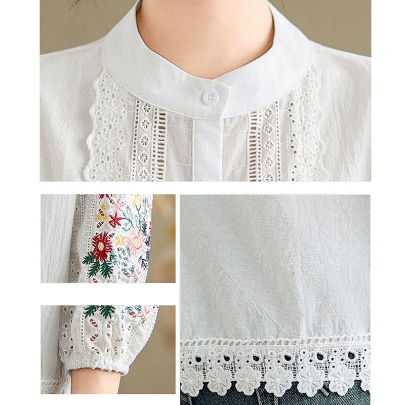 Nimara Ritual Fall Lace Embroidery Flower Leaf Pattern Stand Collar Buttons Women's Long Sleeve Shirt