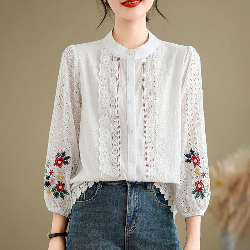 Nimara Ritual Fall Lace Embroidery Flower Leaf Pattern Stand Collar Buttons Women's Long Sleeve Shirt