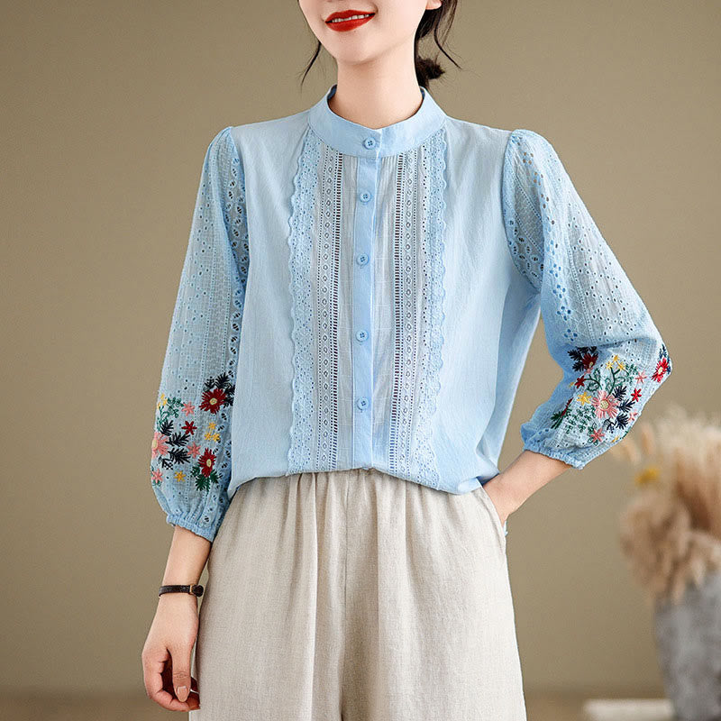 Nimara Ritual Fall Lace Embroidery Flower Leaf Pattern Stand Collar Buttons Women's Long Sleeve Shirt