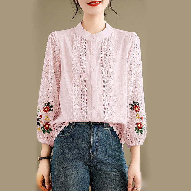 Nimara Ritual Fall Lace Embroidery Flower Leaf Pattern Stand Collar Buttons Women's Long Sleeve Shirt