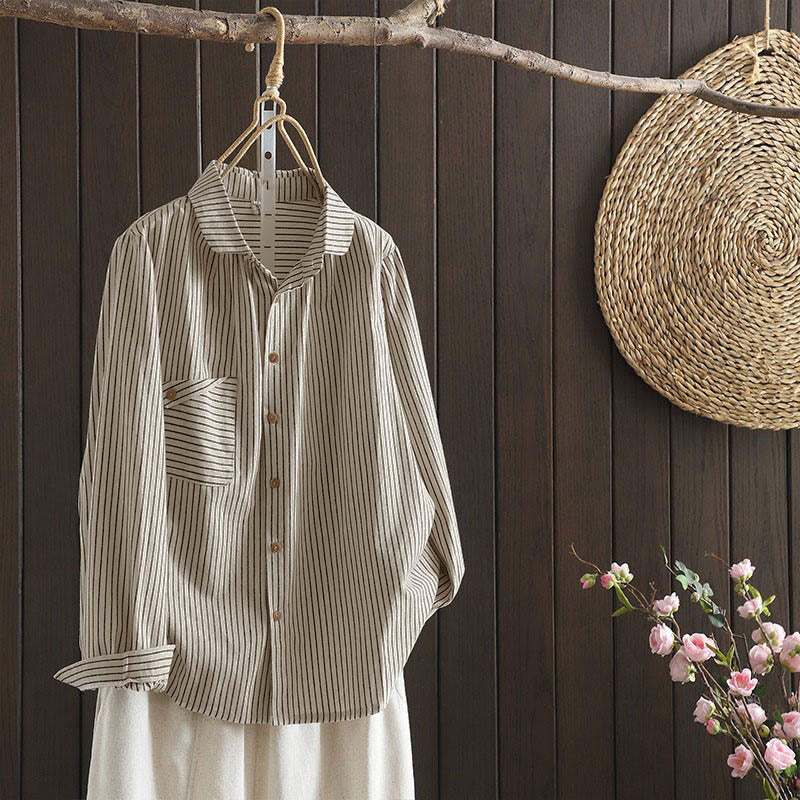 Nimara Ritual Fall Stripe Stand Collar Buttons Women's Long Sleeve Shirt With Pocket
