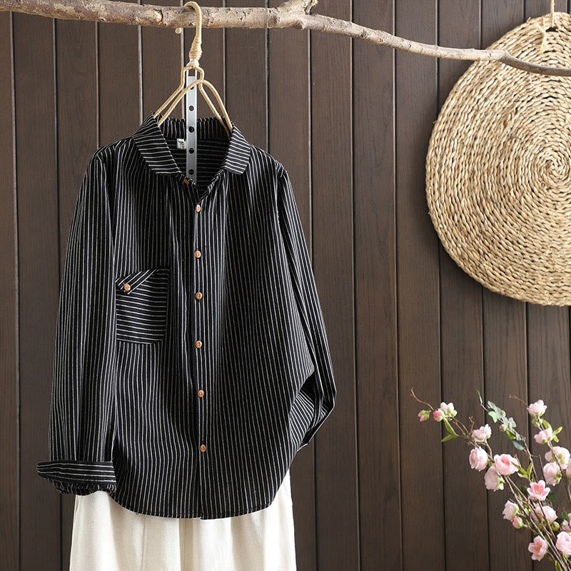 Nimara Ritual Fall Stripe Stand Collar Buttons Women's Long Sleeve Shirt With Pocket