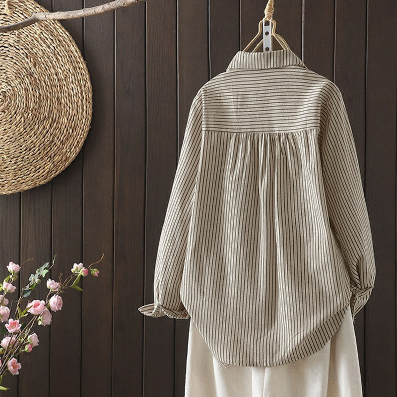 Nimara Ritual Fall Stripe Stand Collar Buttons Women's Long Sleeve Shirt With Pocket