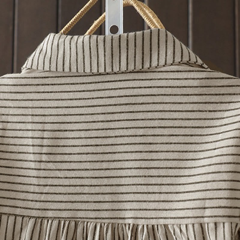 Nimara Ritual Fall Stripe Stand Collar Buttons Women's Long Sleeve Shirt With Pocket