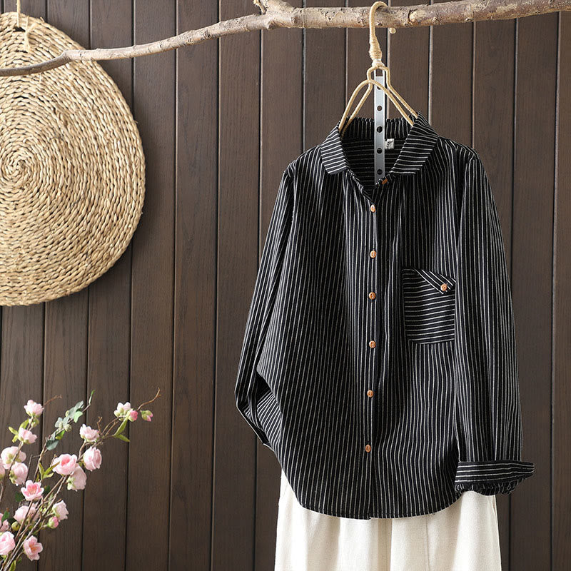 Nimara Ritual Fall Stripe Stand Collar Buttons Women's Long Sleeve Shirt With Pocket