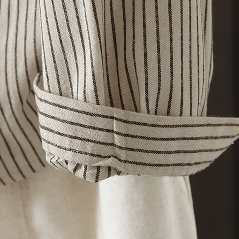 Nimara Ritual Fall Stripe Stand Collar Buttons Women's Long Sleeve Shirt With Pocket