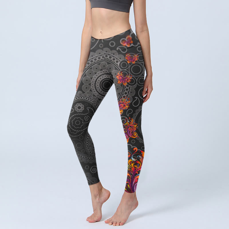 Nimara Ritual Strong Contrast Flower Paisley Pattern Gym Leggings Women's Yoga Pants