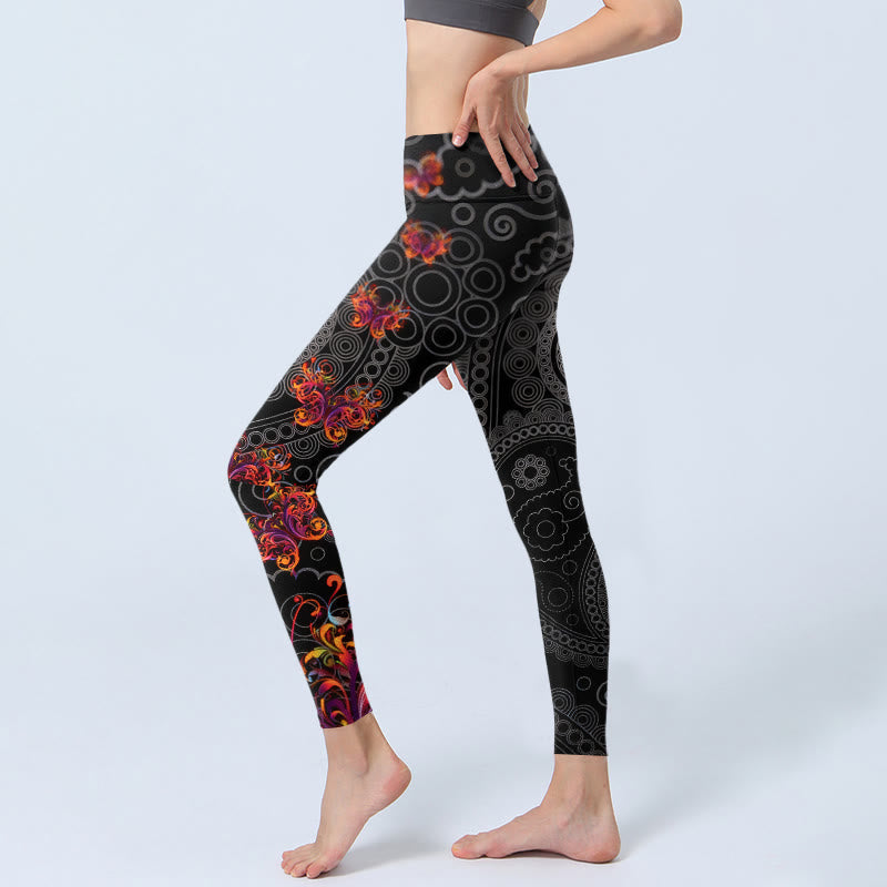Nimara Ritual Strong Contrast Flower Paisley Pattern Gym Leggings Women's Yoga Pants