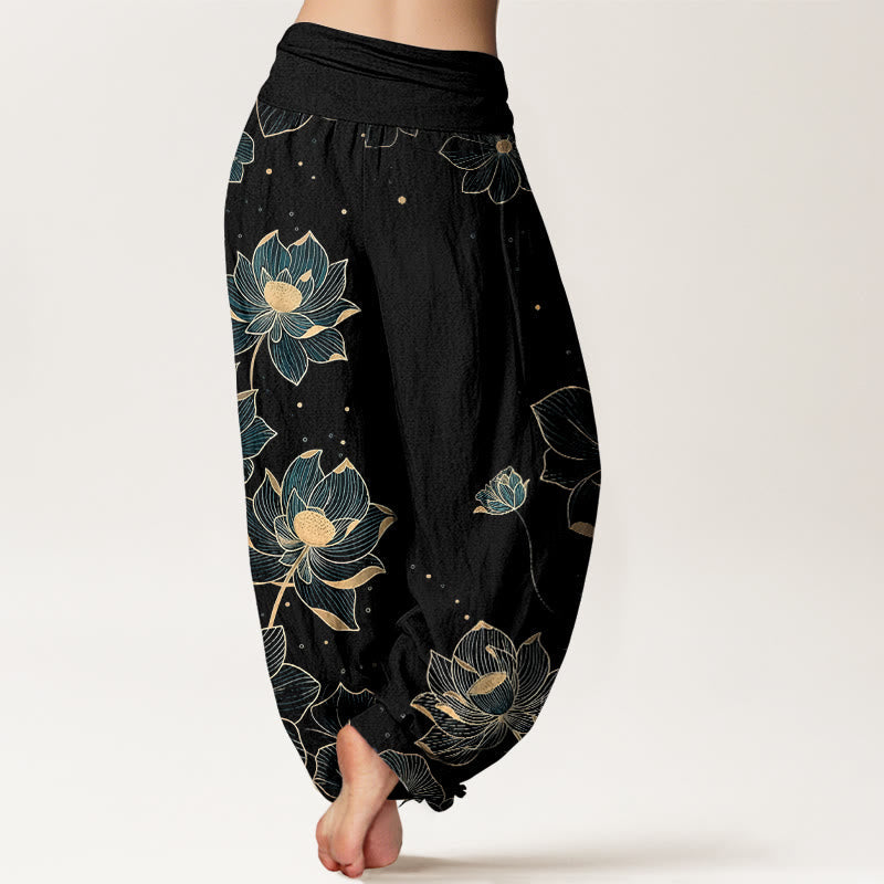 Nimara Ritual Pure Cotton Delicate Lotus Pattern Women's Elastic Waist Harem Pants