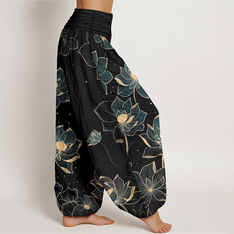Nimara Ritual Pure Cotton Delicate Lotus Pattern Women's Elastic Waist Harem Pants