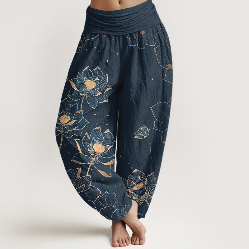 Nimara Ritual Pure Cotton Delicate Lotus Pattern Women's Elastic Waist Harem Pants