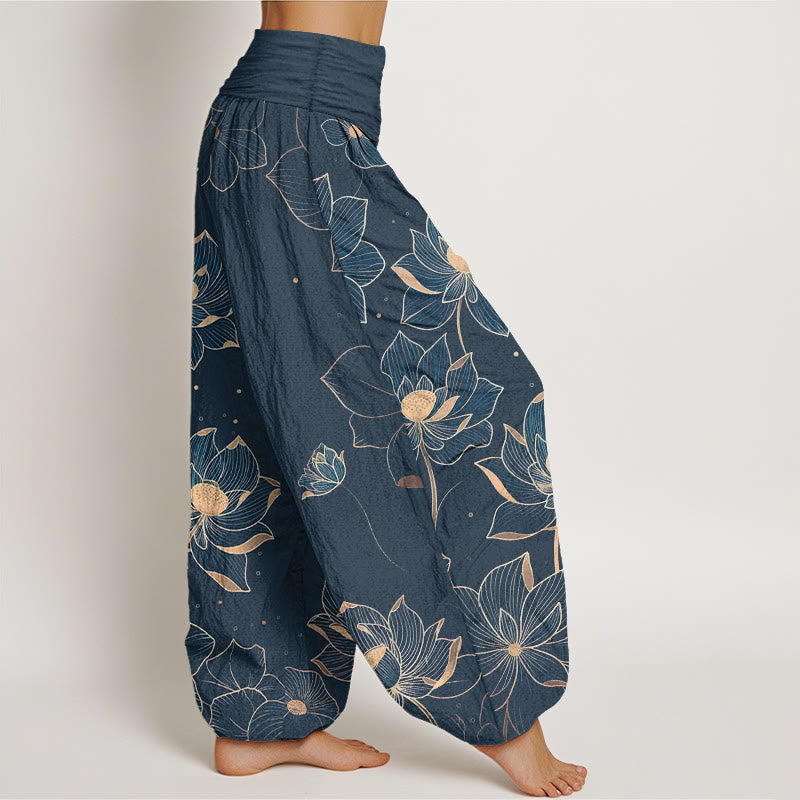 Nimara Ritual Pure Cotton Delicate Lotus Pattern Women's Elastic Waist Harem Pants