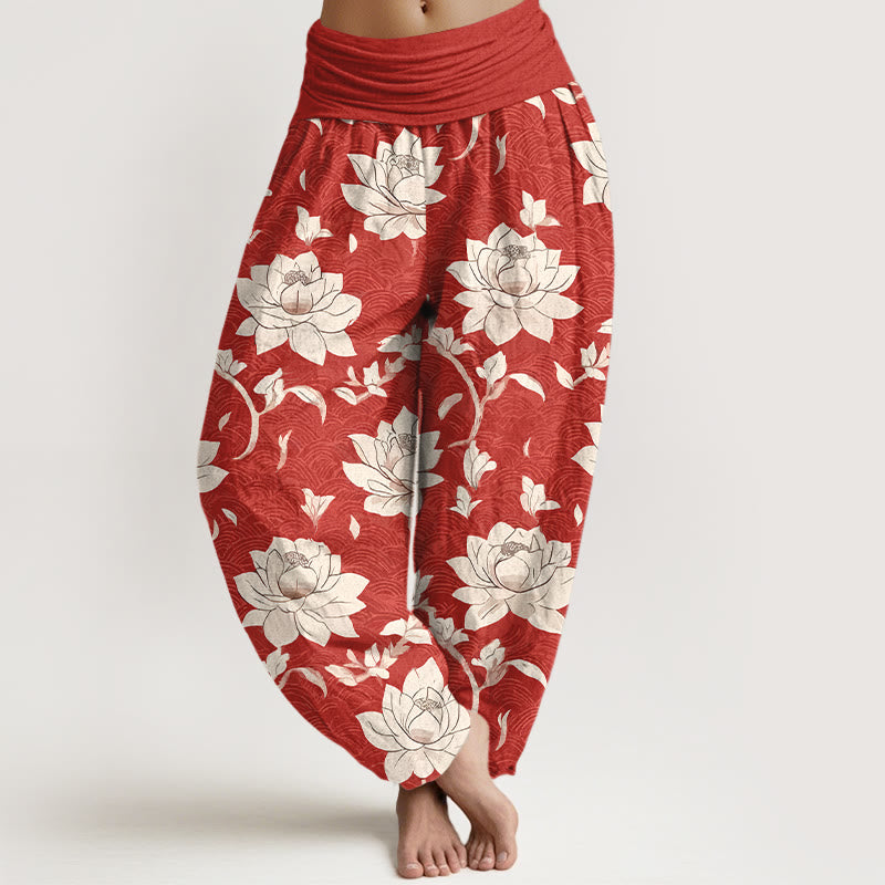 Nimara Ritual Pure Cotton Beige Lotus Pattern Women's Elastic Waist Harem Pants