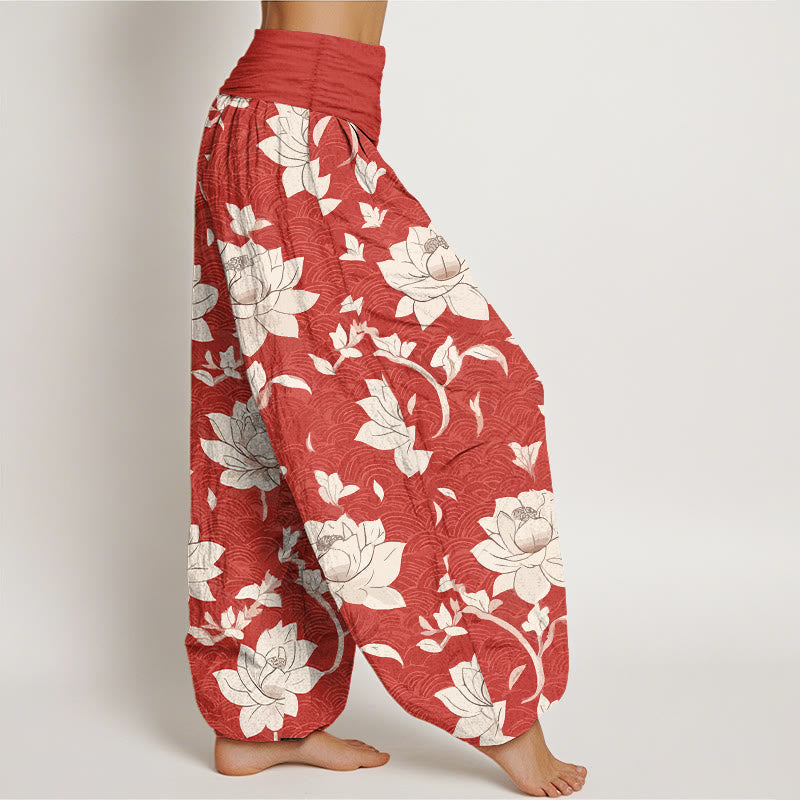 Nimara Ritual Pure Cotton Beige Lotus Pattern Women's Elastic Waist Harem Pants