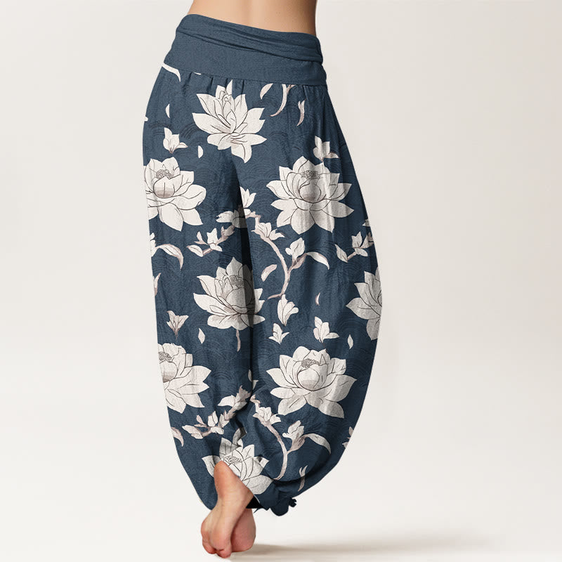 Nimara Ritual Pure Cotton Beige Lotus Pattern Women's Elastic Waist Harem Pants
